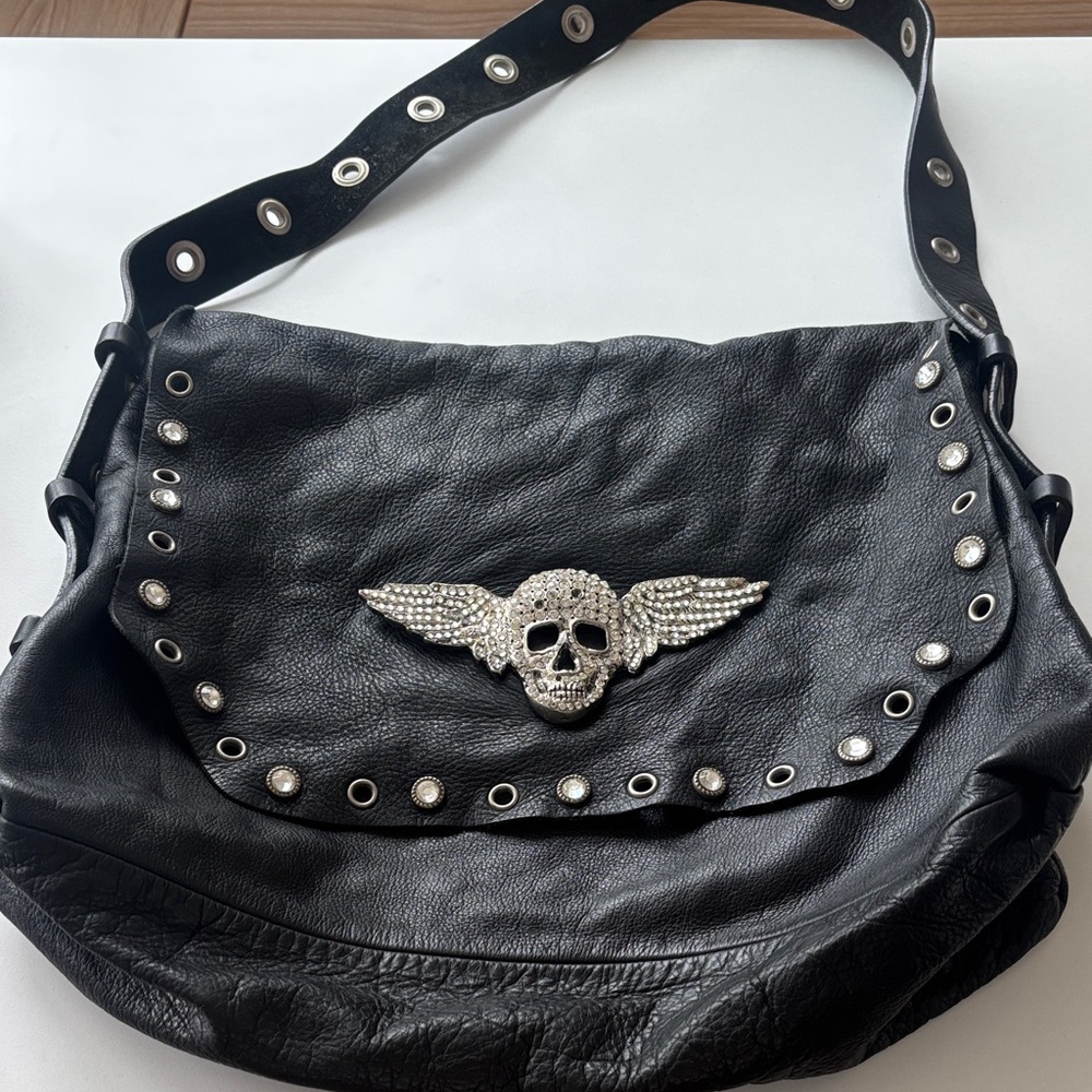 Vintage black Leather Skull Embellished Shoulder Bag